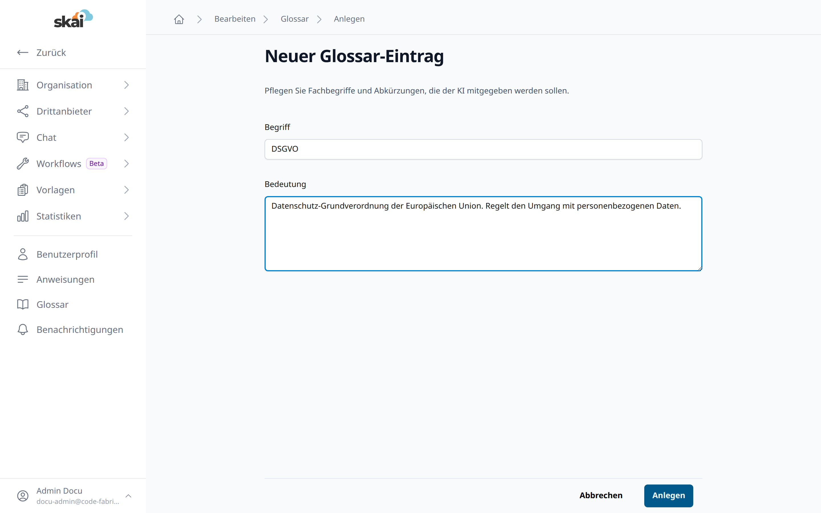 Neuen Glossar-Eintrag anlegen Neuen Glossar-Eintrag anlegen