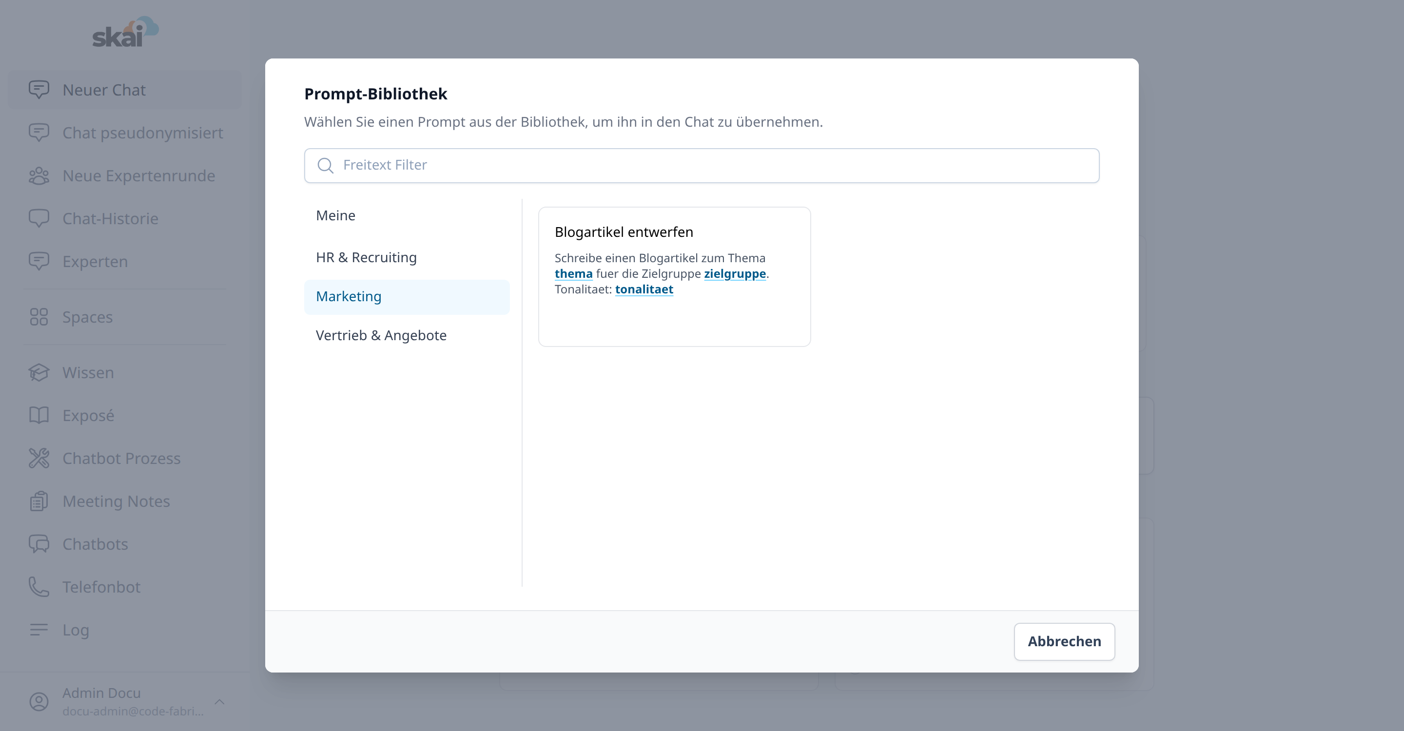 Prompt-Auswahl im Chat