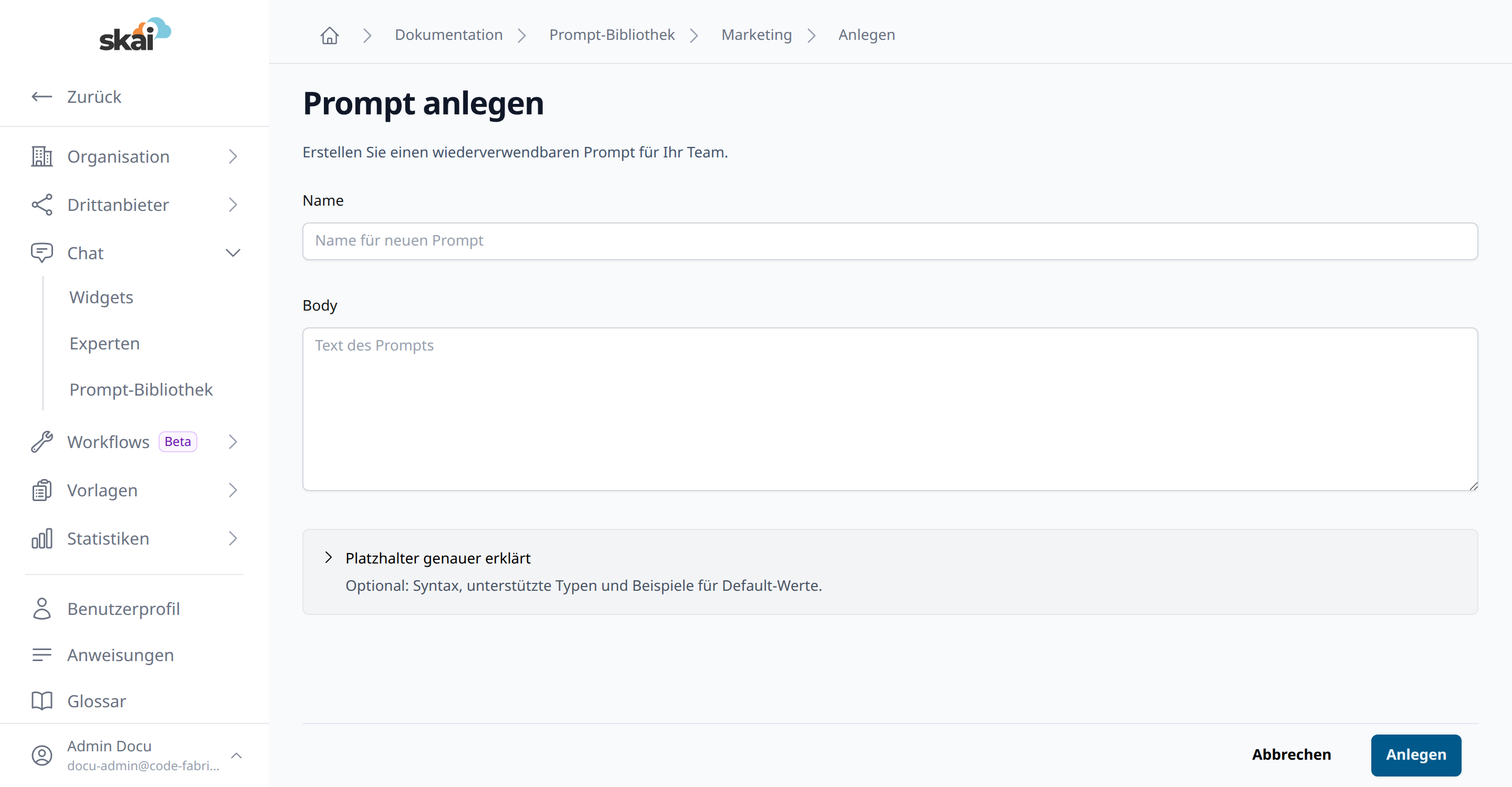 Prompt anlegen mit Platzhalter-Hilfe