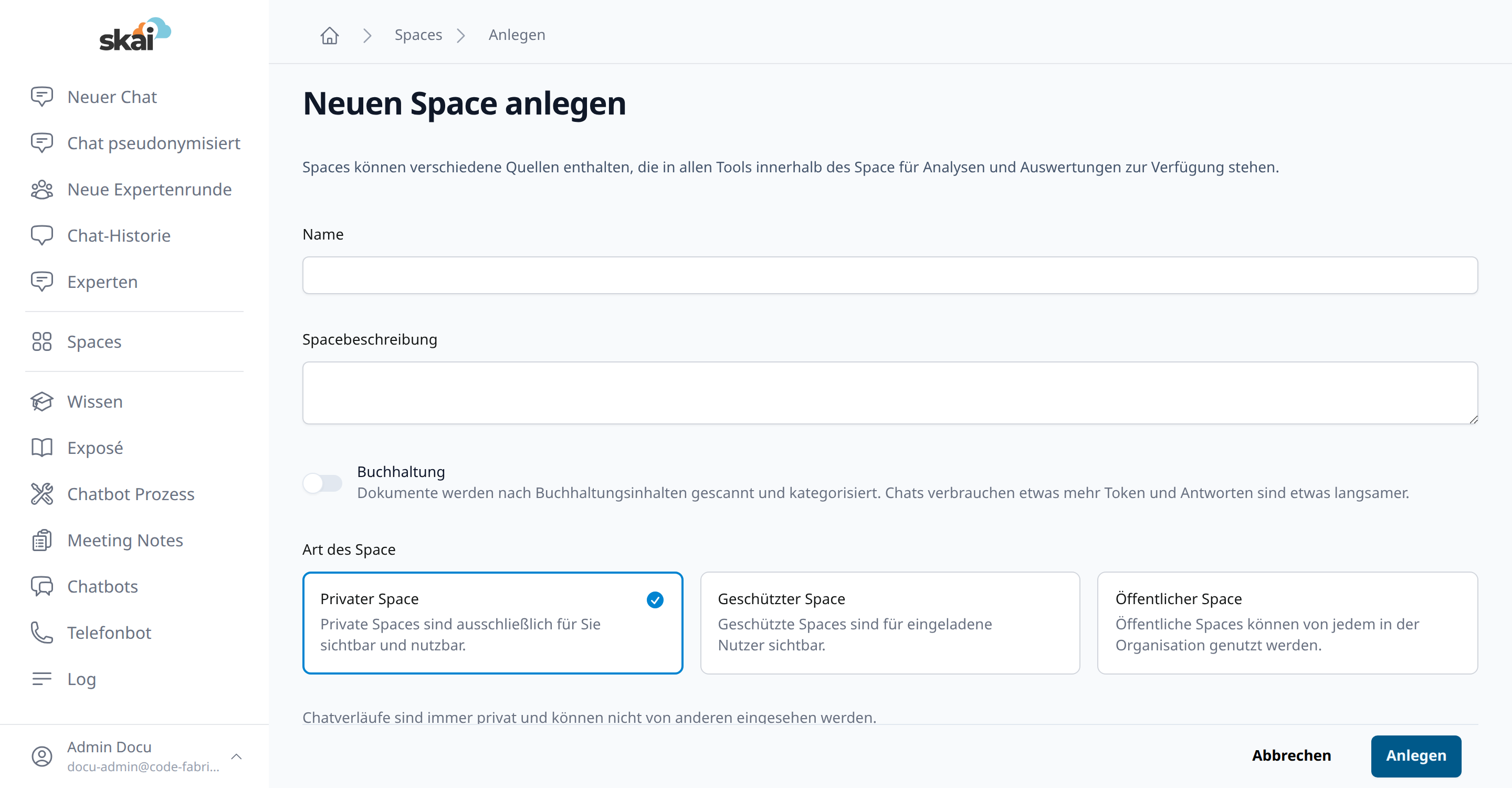 Formular: Neuen Space anlegen Formular: Neuen Space anlegen