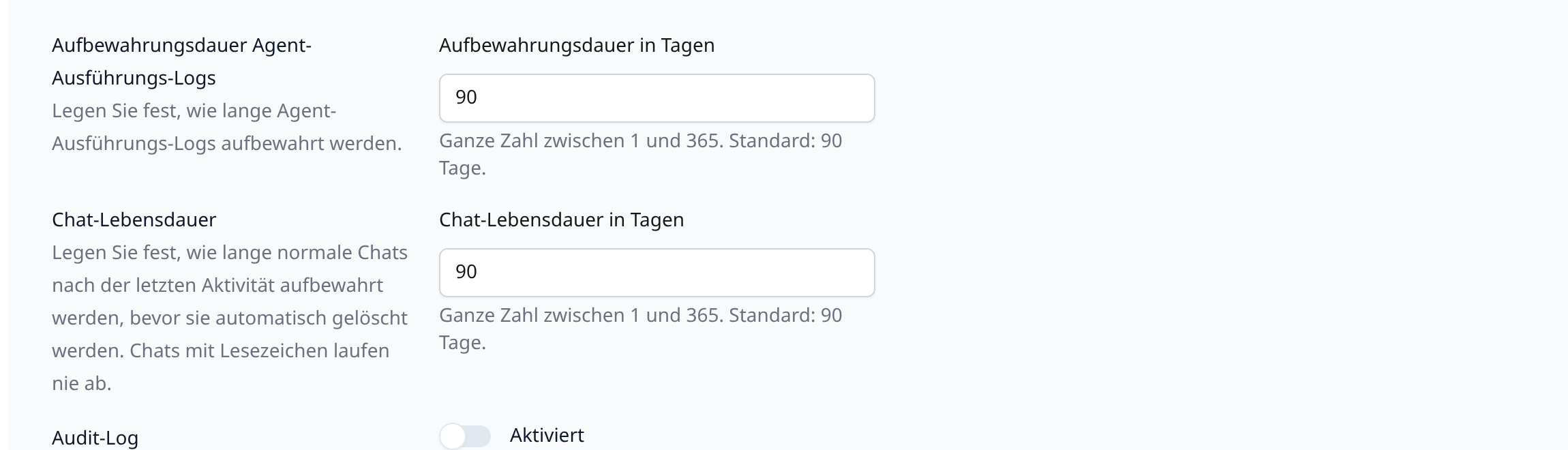 Chat-Lebensdauer und Log-Aufbewahrung Chat-Lebensdauer und Log-Aufbewahrung